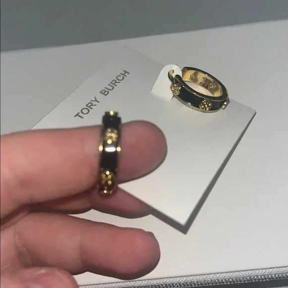 Tory Burch Gold and Black Studded Hoop Earrings - Picture 3 of 3